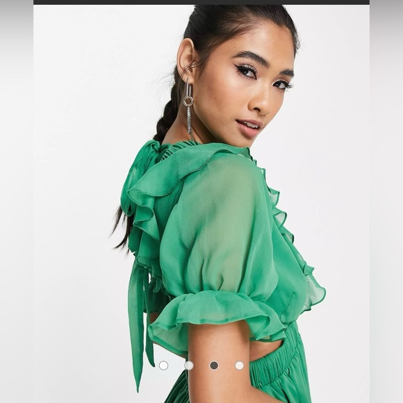 ASOS mini tea dress in chiffon with tiered skirt and lace up back in green - Picture 3 of 5